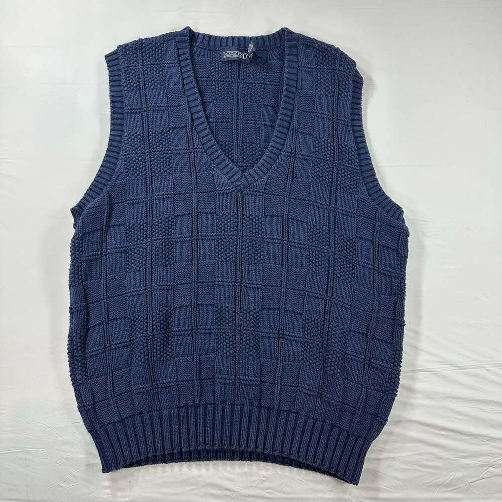 Vintage 90s Lands' End Sweater Vest Mens XL Navy Checker Knit Made In USA